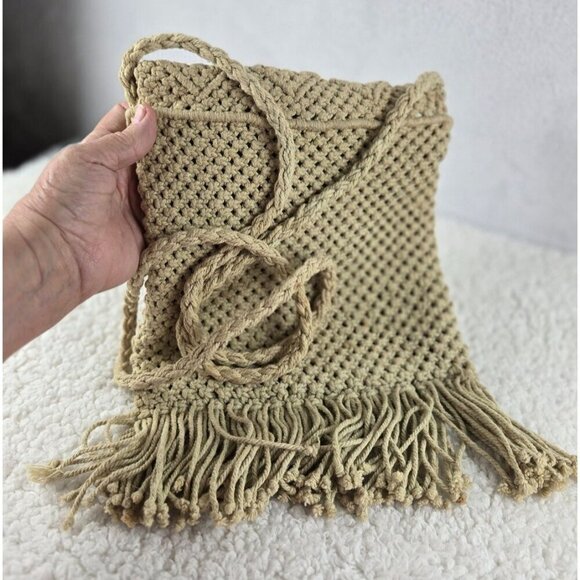 VTG Macrame Ivory Crossbody Handbag Purse Crochet Fringe Hippie Boho Zipper - Picture 8 of 10